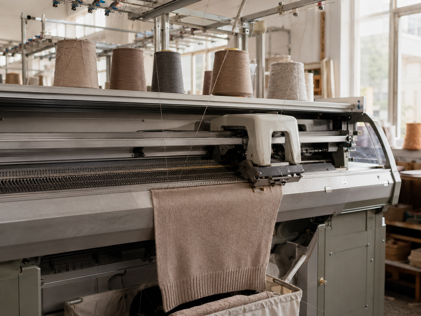 Computerised flat-knitting machines in operation